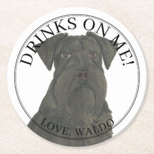 Personalised Black Scnahuzer Dog Wedding Round Paper Coaster