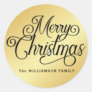 Personalised Black Script on Gold Merry Christmas Classic Round Sticker