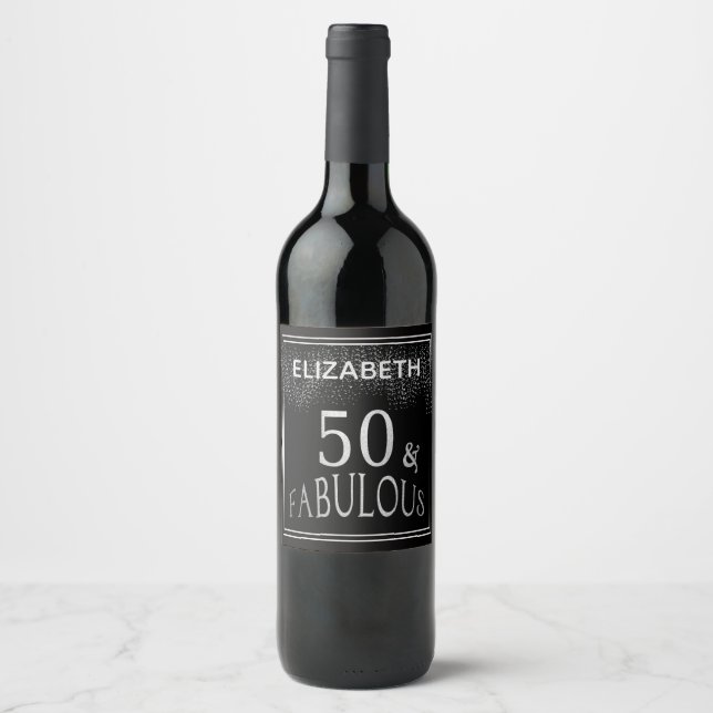 Personalised  Black Silver 50 and Fabulous 50th Wine Label (Front)