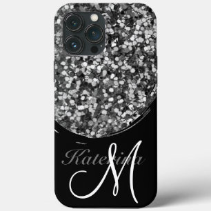 Personalised Black Silver Glitter Sparkle Name iPhone 13 Pro Max Case