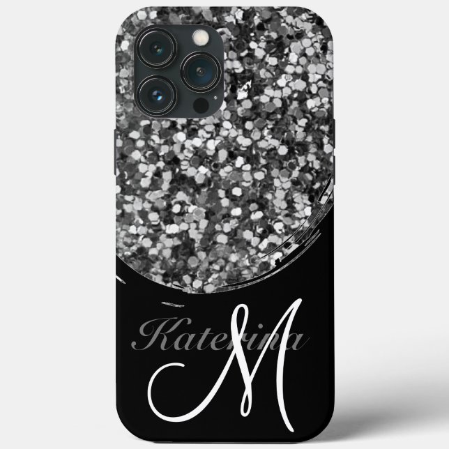 Personalised Black Silver Glitter Sparkle Name Case-Mate iPhone Case (Back)