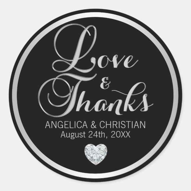 Personalised Black Silver LOVE & THANKS Wedding Classic Round Sticker (Front)