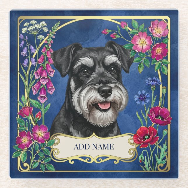 Personalised Black & Silver Schnauzer Blue Coaster (Front)
