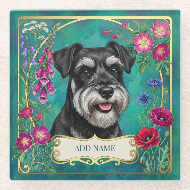 Personalised Black & Silver Schnauzer Teal Coaster (Front)