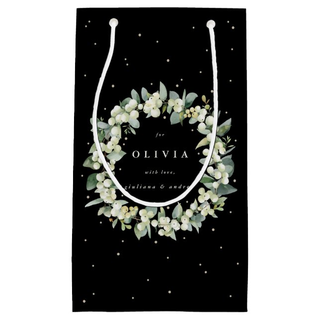 Personalised Black Snowberry+Eucalyptus Wedding Small Gift Bag (Front)