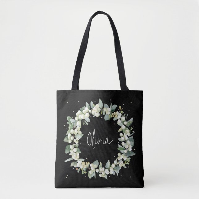 Personalised Black Snowberry+Eucalyptus Wedding Tote Bag (Front)