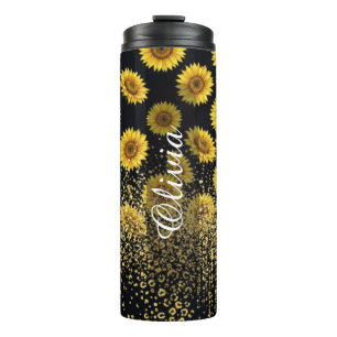 Personalised Black Sunflower Sparkle 16oz Thermal Tumbler