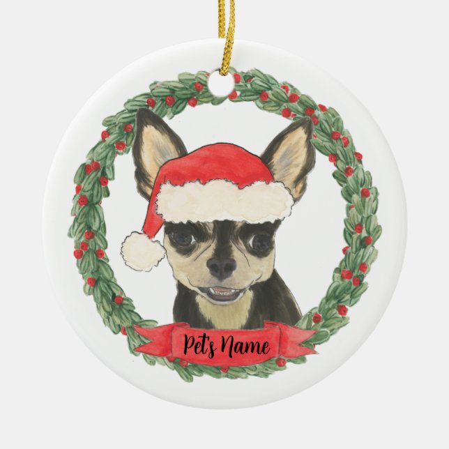 Personalised Black & Tan Chihuahua Ceramic Tree Decoration (Front)