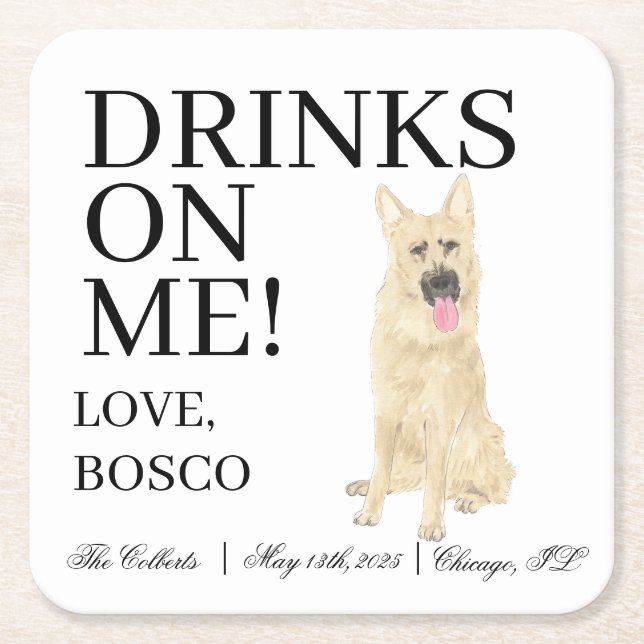Personalised Black & Tan German Shepherd Wedding Square Paper Coaster (Front)
