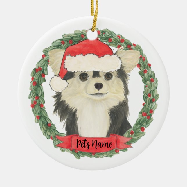 Personalised Black & Tan Long Haired Chihuahua Ceramic Tree Decoration (Front)