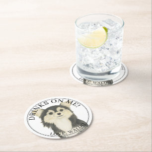 Personalised Black Tan Long Haired Chihuahua Round Paper Coaster