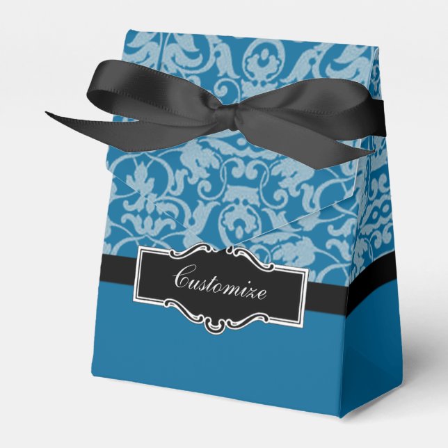 Personalised Black & Teal Damask Favour Box (Front Side)