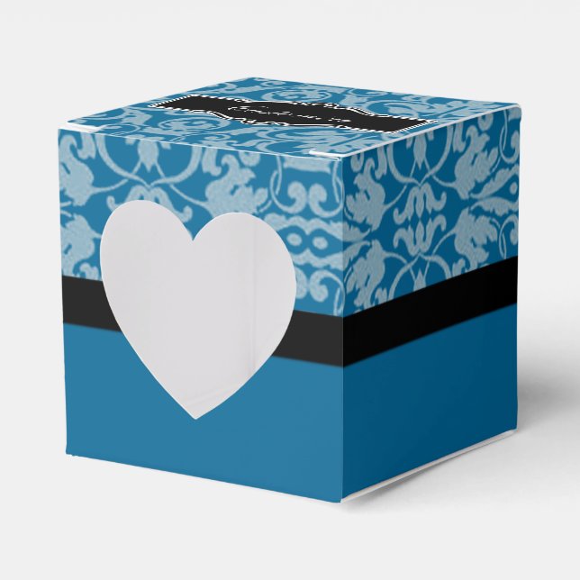 Personalised Black & Teal Damask Heart Favour Box (Front Side)