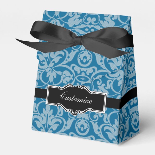Personalised Black & Teal Damask Tent Favour Box (Front Side)