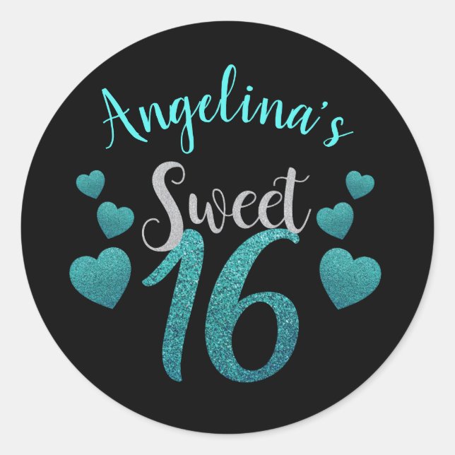 Personalised Black & Teal Glitter Sweet 16 Classic Round Sticker (Front)