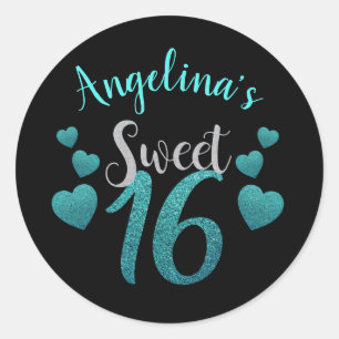 Personalised Black & Teal Glitter Sweet 16 Classic Round Sticker