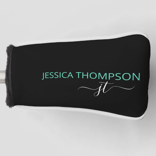 Personalised Black Teal Stylish Monogram Name  Golf Head Cover (Front)
