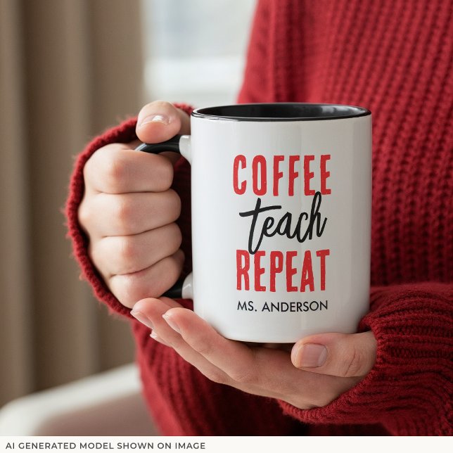 Personalised Black Typography Coffee Teacher Mug (An 11-oz mug is shown. Customize it with name and choose mug style and size.)