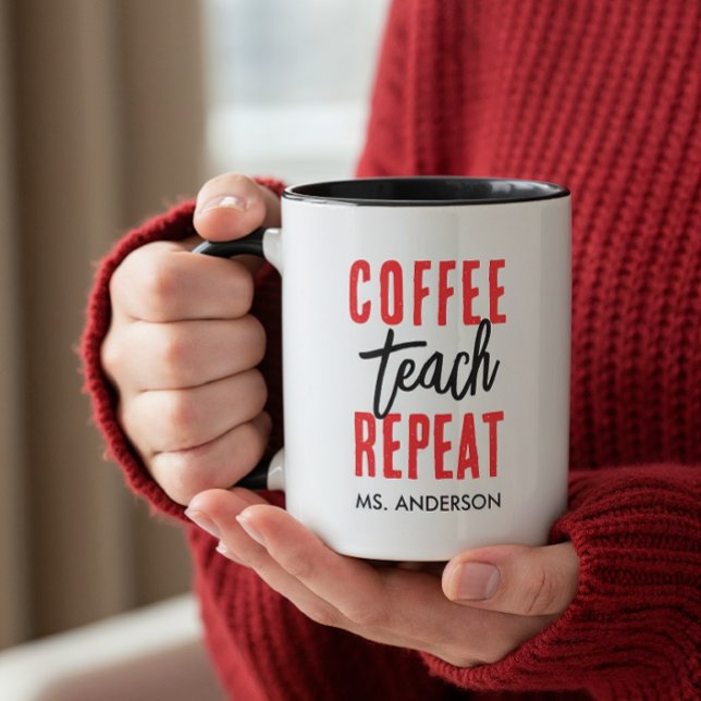 Personalised Black Typography Coffee Teacher Mug (An 11-oz mug is shown. Customize it with name and choose mug style and size.)