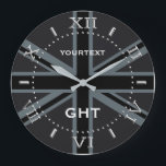 Personalised Black Union Jack British Flag Dial Large Clock<br><div class="desc">Your monogram and a text line to edit easily. A vibrant black Union Jack British Flag decor all over motif clock face gift for yourself or for someone special on your list. Use the "Contact this Designer" link to contact us with your special design requests or for some assistance with...</div>
