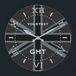 Personalised Black Union Jack British Flag Dial Large Clock<br><div class="desc">Your monogram and a text line to edit easily. A vibrant black Union Jack British Flag decor all over motif clock face gift for yourself or for someone special on your list. Use the "Contact this Designer" link to contact us with your special design requests or for some assistance with...</div>