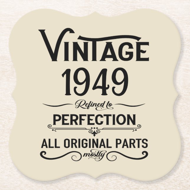 Personalised black vintage 75th birthday party paper coaster (Front)