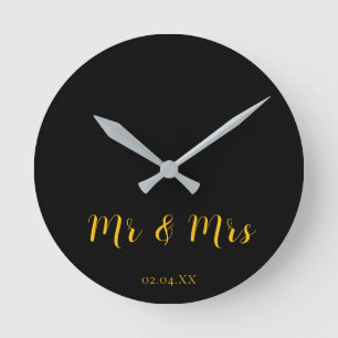 Personalised Black w/ Yellow Mr & Mrs Round Clock