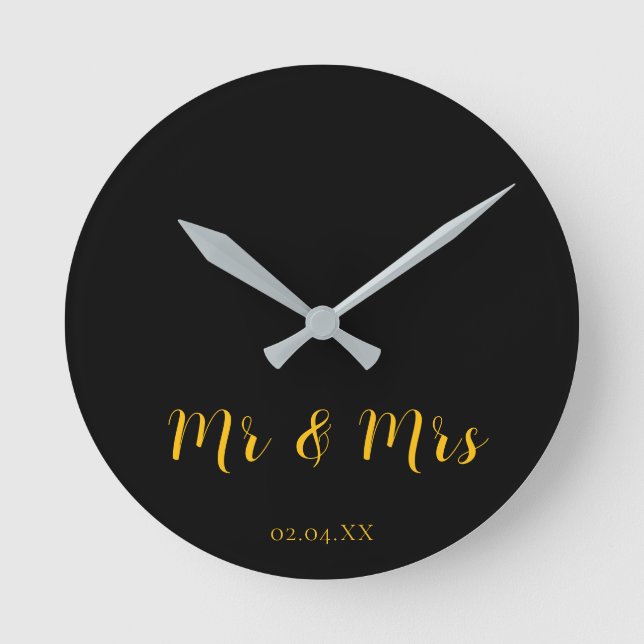 Personalised Black w/ Yellow Mr & Mrs Round Clock (Front)