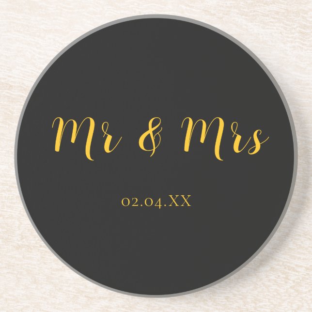 Personalised Black w/ Yellow Mr & Mrs Sandstone Coaster (Front)