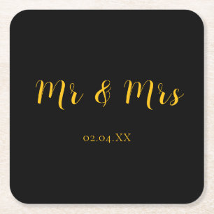 Personalised Black w/ Yellow Mr & Mrs Square Paper Coaster