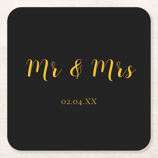 Personalised Black w/ Yellow Mr & Mrs Square Paper Coaster (Front)