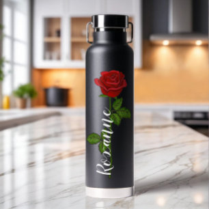 Personalised Black Water Bottle with a Red Rose