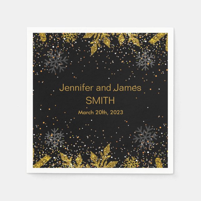 Personalised Black Wedding Confetti Gold Glitter P Napkin (Front)