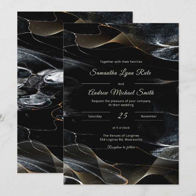 Personalised  Black White and Gold Wedding Invitation (Front/Back)