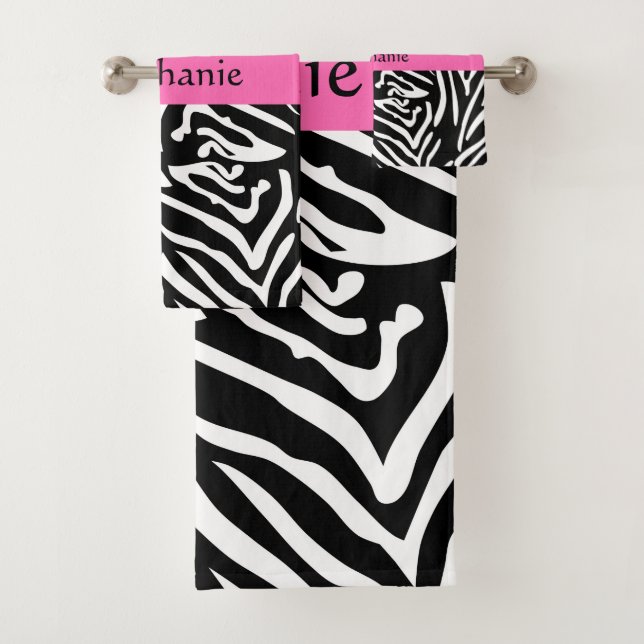 Personalised Black, White and Hot Pink Zebra Print Bath Towel Set (Insitu)