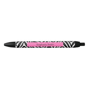 Personalised Black, White and Hot Pink Zebra Print Black Ink Pen