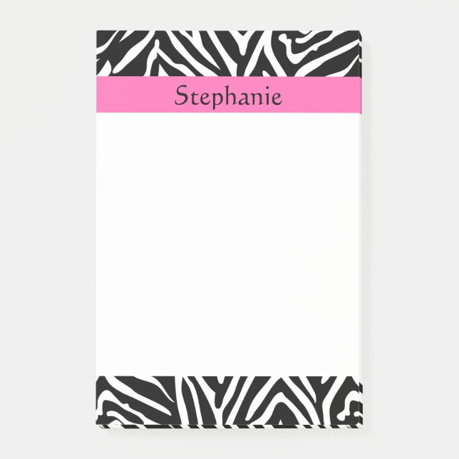 Personalised Black, White and Hot Pink Zebra Print Post-it Notes (Front)