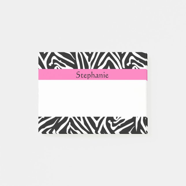 Personalised Black, White and Hot Pink Zebra Print Post-it Notes (Front)