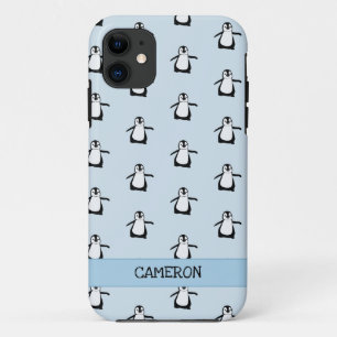 Personalised Black White Blue Cute Penguin iPhone 11 Case