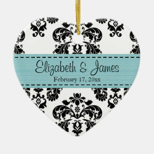 Personalised Black White Blue Damask Wedding Favou Ceramic Tree Decoration