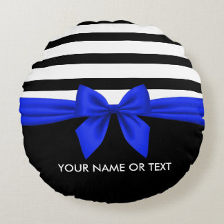 Personalised Black, white Bold Stripes Blue Bow Round Cushion