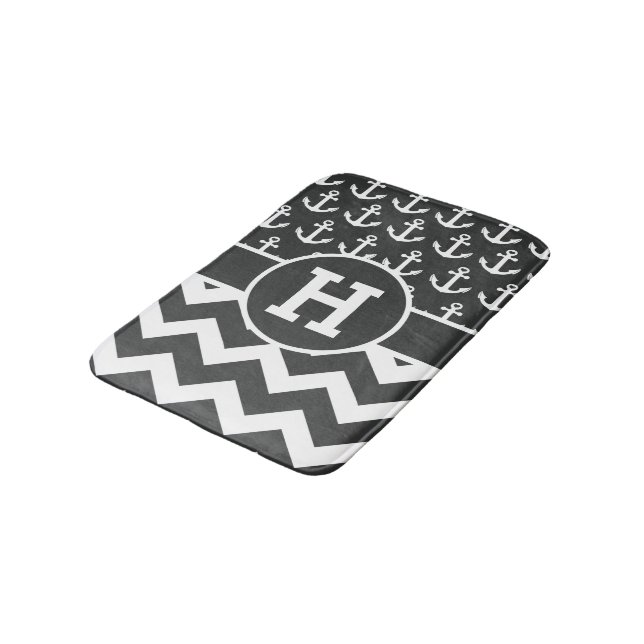 Personalised Black White Chevron Anchors Pattern Bath Mat (Angled)