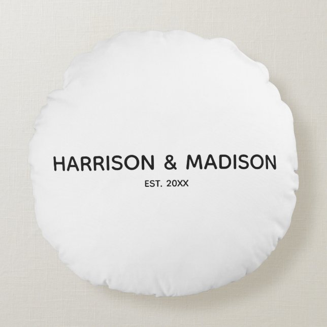 Personalised black white couples name date Wedding Round Cushion (Front)