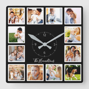 Personalised Black White Custom 12 Photo Collage Square Wall Clock