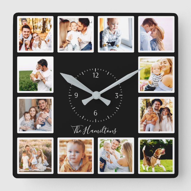 Personalised Black White Custom 12 Photo Collage Square Wall Clock (Front)