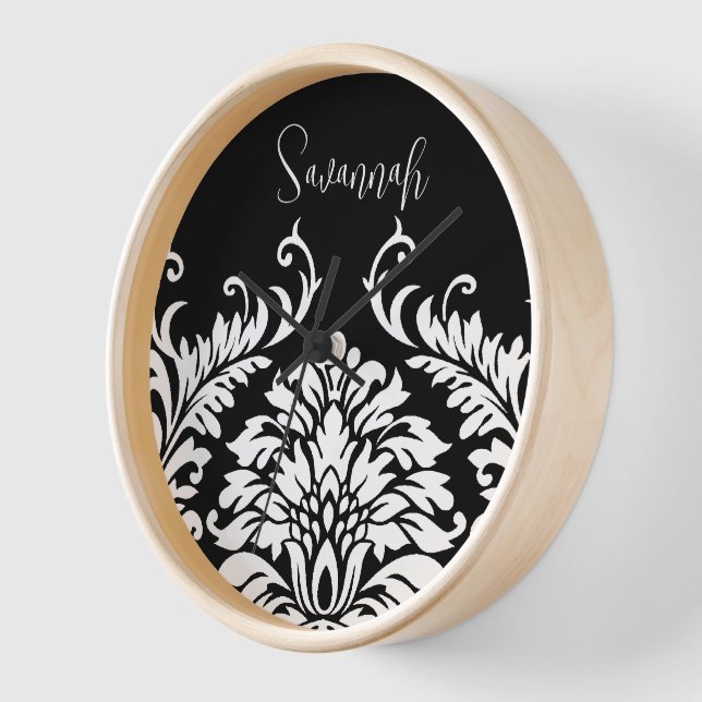 Personalised Black White Damask Wall Clock (Angle)