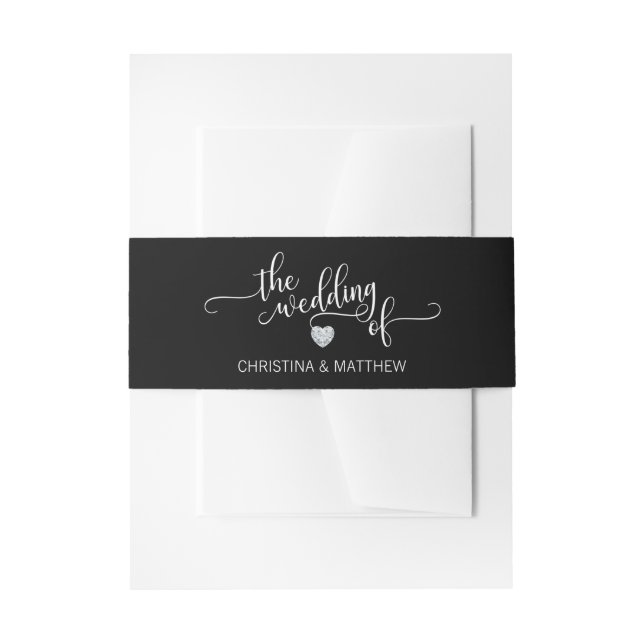 Personalised Black White Diamond Heart Wedding Invitation Belly Band (Front Example)