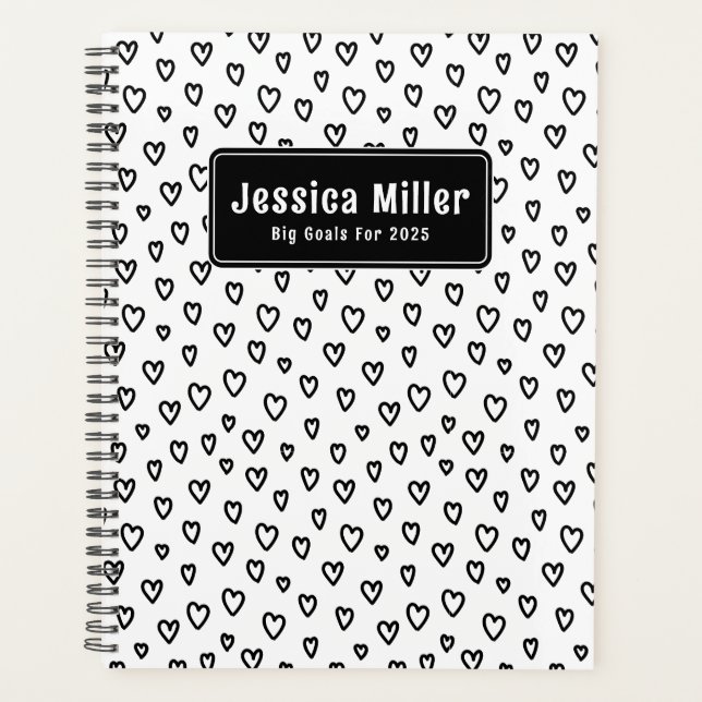 Personalised Black & White Doodle Pattern Heart  Planner (Front)