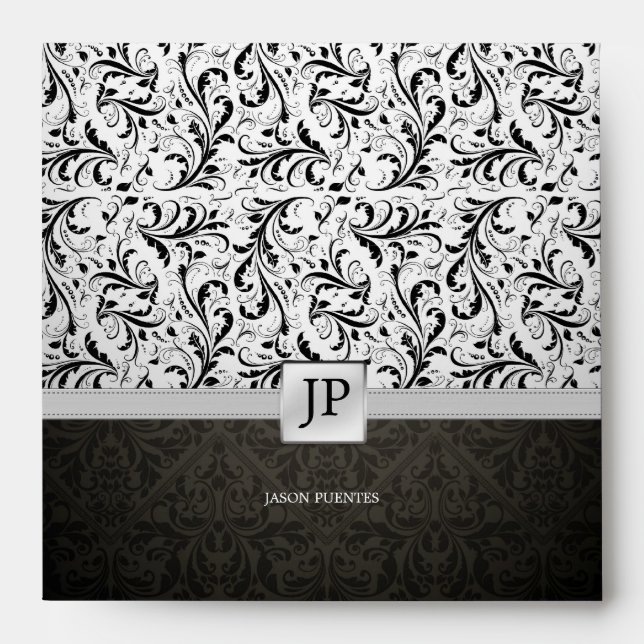 Personalised Black / White Elegant Damask Envelope (Front)