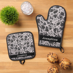 Personalised Black & White Faux Lace Pattern Oven Mitt & Pot Holder Set
